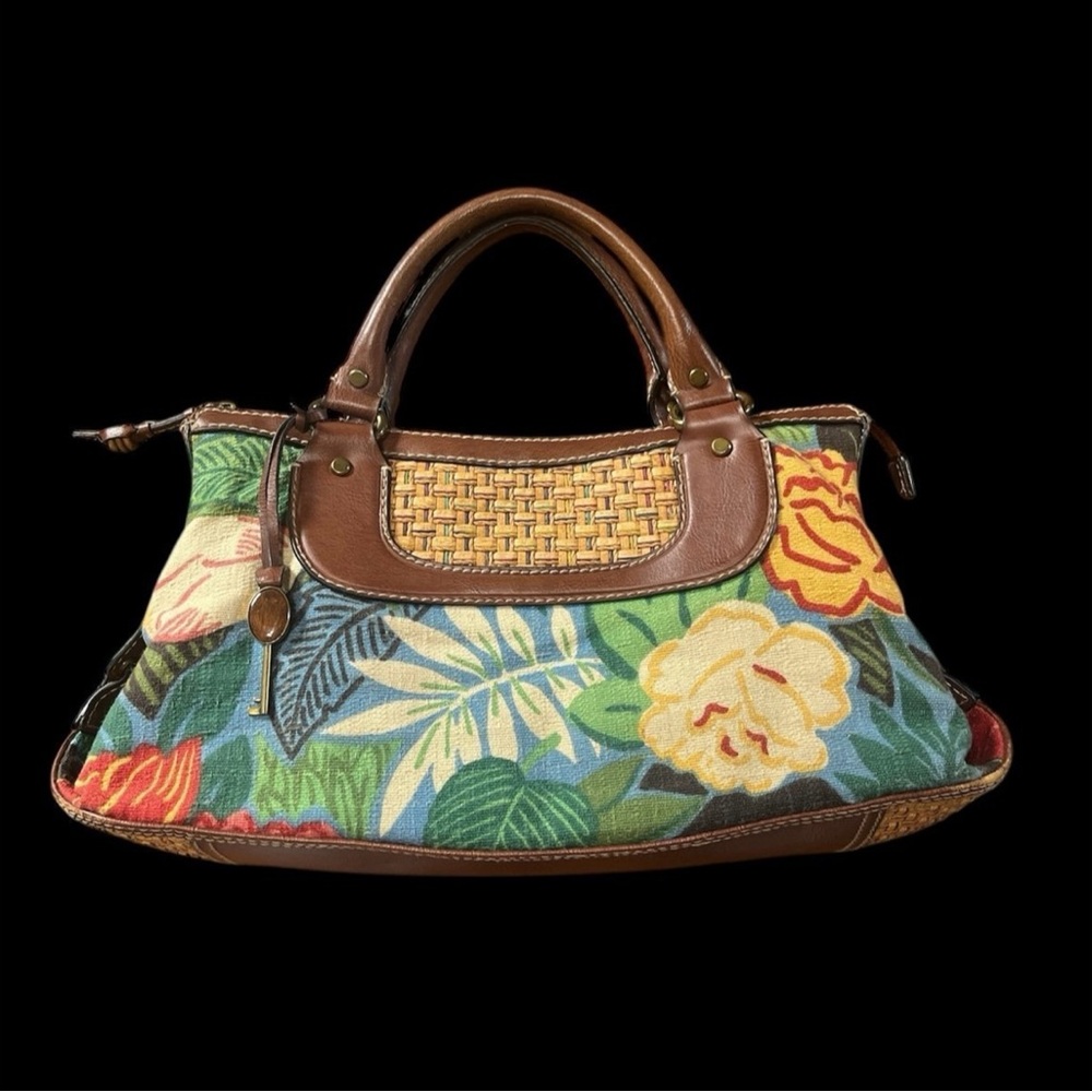 Vintage Fossil Leather & Tropical Floral Woven Canvas Bag